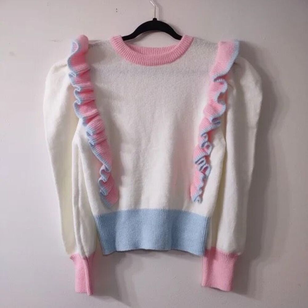 Listicle White Sweater with Pink and Blue Accents